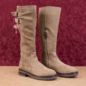 Blondo Women Reagan Waterproof Taupe Suede Stretch Moto Knee Boots sz 6.5